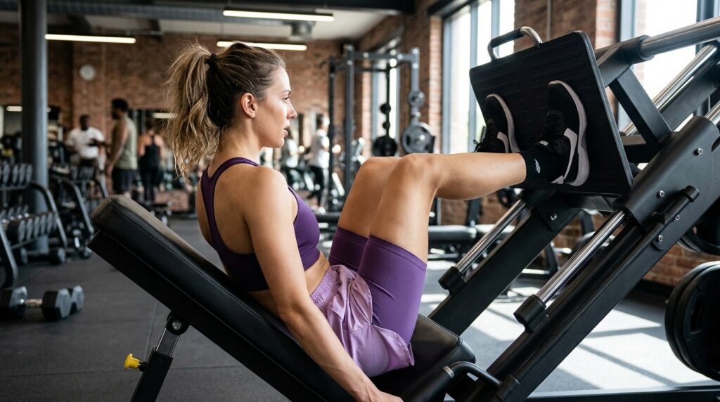Mulher fazendo Leg Press academia 202605141620