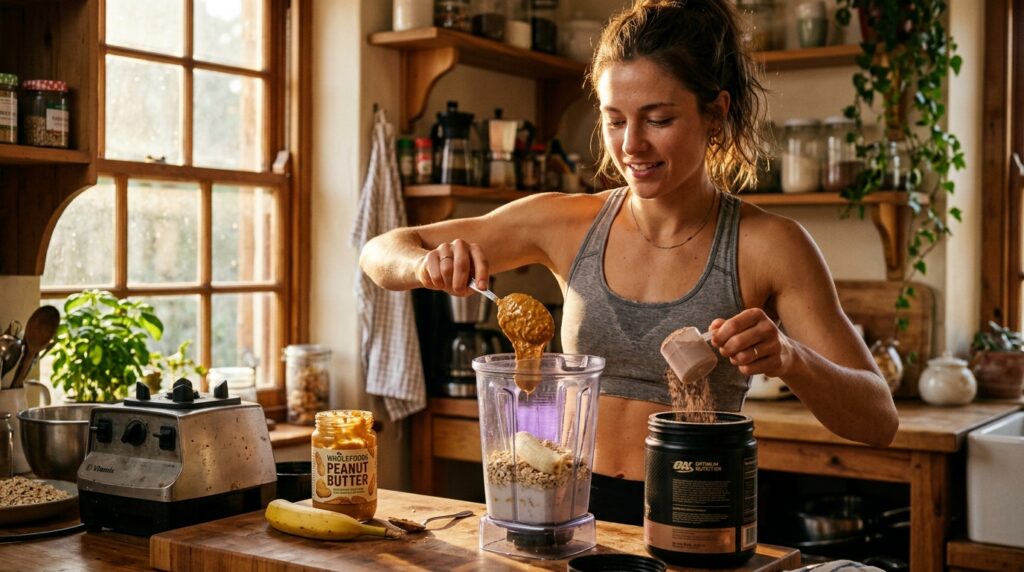 Como Tomar Whey Protein para Ganhar Massa (O Guia da Magrinha) 1 Mulher servindo pasta amendoim l… 202605141743
