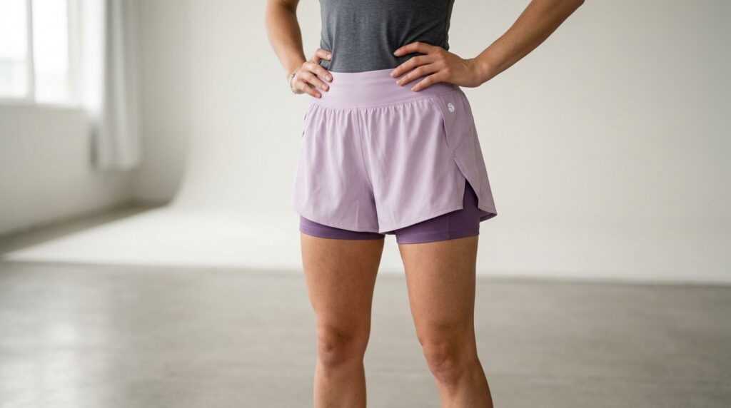 Mulher vestindo short fitness lilas 202605141340