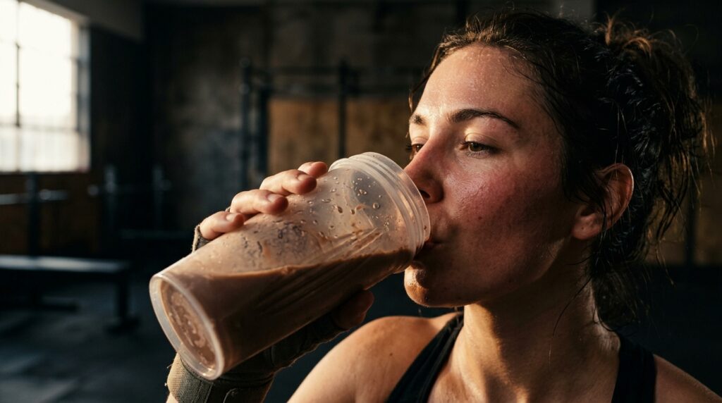 Woman drinking chocolate protein… 202605141723