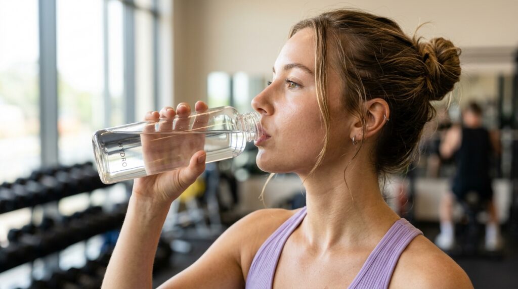 Creatina Dá Espinha (Acne)? A Verdade que Ninguém te Conta 1 Woman drinking water in gym 202605141644