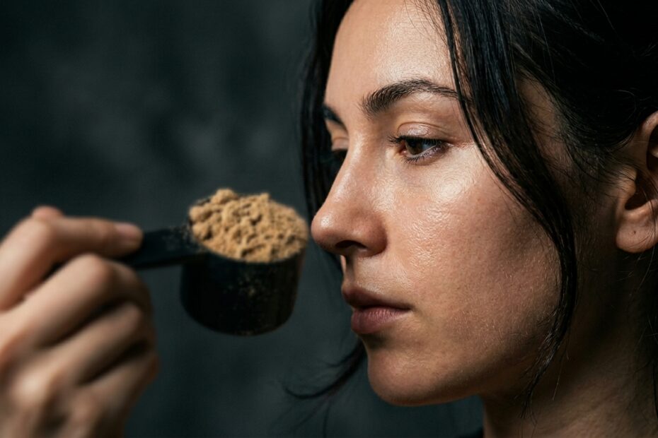 Whey Protein Dá Espinha? A Verdade Sobre a Acne e Como Evitar 1 Mulher com po de proteina 202605141809