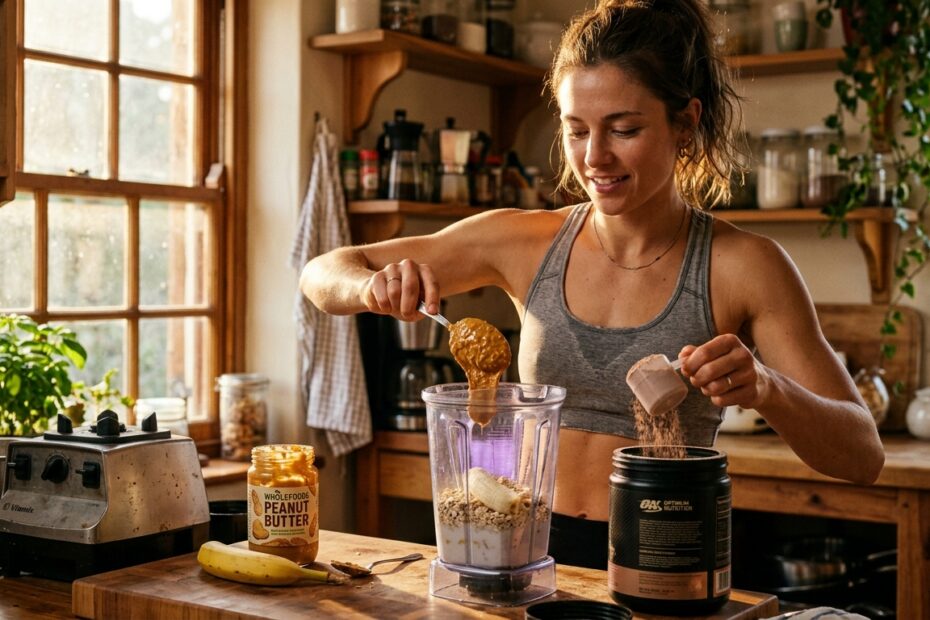 Como Tomar Whey Protein para Ganhar Massa (O Guia da Magrinha) 2 Mulher servindo pasta amendoim l… 202605141743