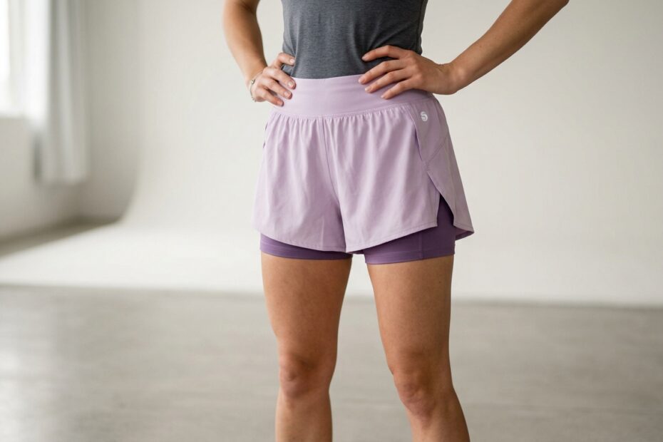 Mulher vestindo short fitness lilas 202605141340