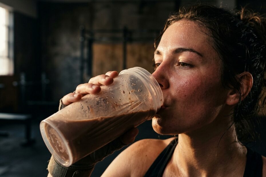 Woman drinking chocolate protein… 202605141723
