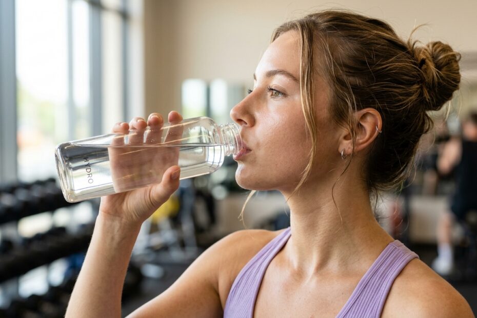 Creatina Dá Espinha (Acne)? A Verdade que Ninguém te Conta 1 Woman drinking water in gym 202605141644